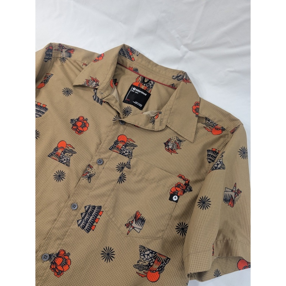 Marmot‎ Syrocco Shirt Men's MEDIUM Gold Fish Trees Tropical Breathable Micro Dot